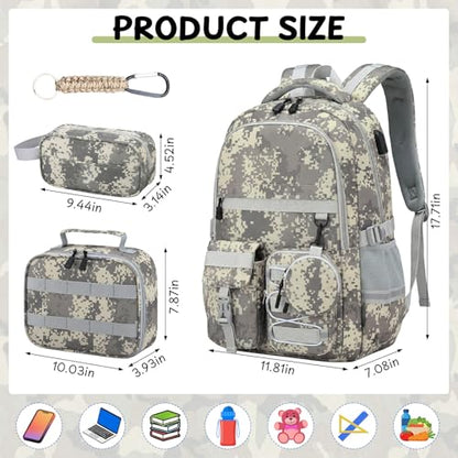 School Backpack for Boys - 5pcs Camo Boys Backpack with Lunch Box Set for Kids Teens Elementary Middle High School,18″ Large Capacity Students Bookbag - color: Gray-backpack Set