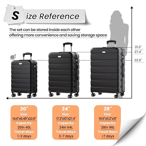 AnyZip Luggage Sets 10 Piece Hardshell Suitcase Set PC ABS Lightweight Travel Suitcases with 4 Double Spinner Wheels TSA Lock 20 24 28 Inch with 7 Storage Bags Black - color: Black, size: 10 piece set (20/24/28 & 7 bags)