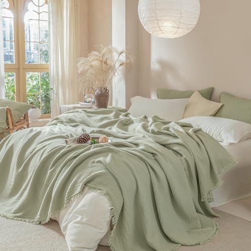 Muslin Fringe Blankets for Adults: 100% Cotton Cloud Soft - color: Sage Green, size: Queen (90" × 90")