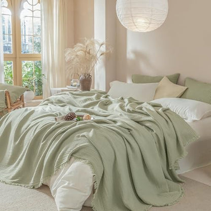 Muslin Fringe Blankets for Adults: 100% Cotton Cloud Soft - color: Sage Green, size: Oversize Queen (98" × 98")