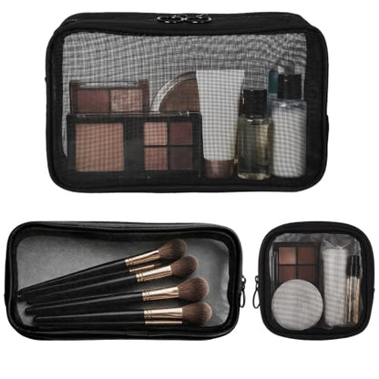 3 Pcs Mesh Cosmetic Bags Black Makeup Brush Bag for Travel Toiletry