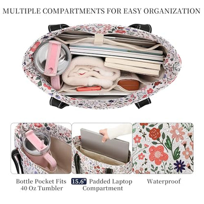 Tote Bag for Women with LaptopCompartment & Cup Holder - color: Pastel Flowers
