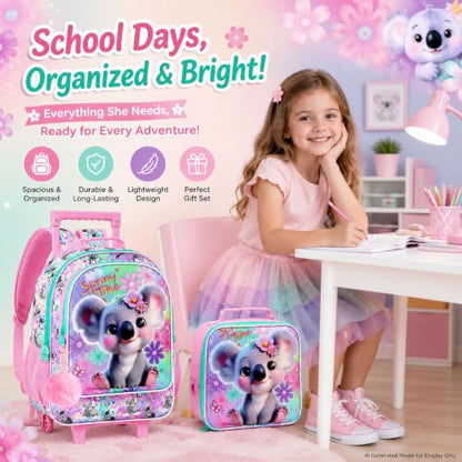 UFNDC 4PCS Rolling Backpack for Girls, Cute Kids Koala Wheeled Bookbag，Roller School Bag with Wheels for Elementary Preschool Travel - color: UV Printing Koala Pink Rolling Backpack