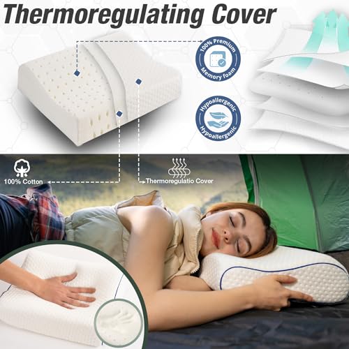 Travel & Camping Comfortable Memory Foam Pillow – Easy to Carry Portable Bag – Temperature Regulating Pillow Case - Perfect for Travelling (White Contour) - size: White Contour