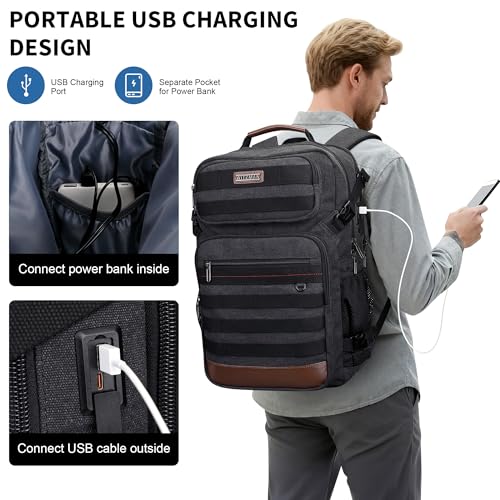 WITZMAN Canvas Travel Backpack for Men Multiple Pockets - color: Black