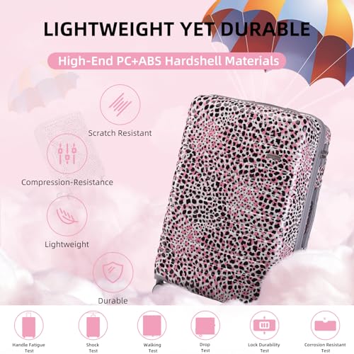 LARVENDER Luggage Sets 3 Piece, Hardside 20 IN Carry on Luggage Airline Approved PC+ABS Suitcase Set with Spinner Wheels TSA Lock, Lightweight Rolling Suitcase for Men and Women, Leopard Pink - color: Leopard Pink 20in, size: 3 Piece Set (20/DB/TB)