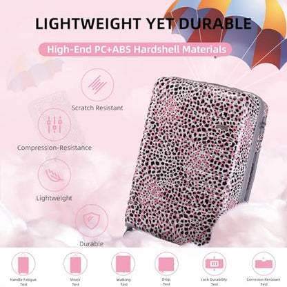 LARVENDER Luggage Sets 3 Piece, Hardside 20 IN Carry on Luggage Airline Approved PC+ABS Suitcase Set with Spinner Wheels TSA Lock, Lightweight Rolling Suitcase for Men and Women, Leopard Pink - color: Leopard Pink 20in, size: 3 Piece Set (20/DB/TB)