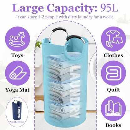 2Pcs 95L Large Clothes Hampers, Foldable Laundry Basket with Handles - color: Blue + Navy Blue, size: L-95L