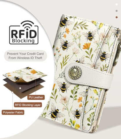 Bees Wallet Women RFID Bifold, Passport Holder, Credit Card Holder - color: Bees Flowers
