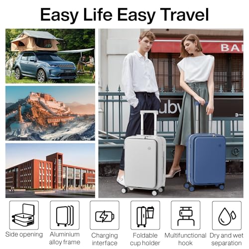 mixi Large Checked Luggage with Cup Phone Holder and Charger Hard Shell Suitcases with Spinner Wheels, 24 Inch Sapphire Blue - color: Sapphire blue, size: 24-inch