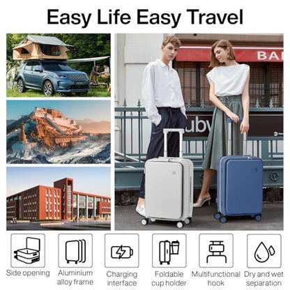 mixi Large Checked Luggage with Cup Phone Holder and Charger Hard Shell Suitcases with Spinner Wheels, 24 Inch Sapphire Blue - color: Sapphire blue, size: 24-inch