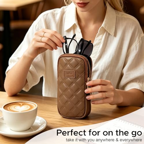 KINIVA Double Eyeglass Case for Men Women, 2-in-1 PU Dual Sunglasses Case, Scratch-Proof Travel Eyeglass Holder for Purse Car - style: Brown Lozenge