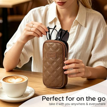 KINIVA Double Eyeglass Case for Men Women, 2-in-1 PU Dual Sunglasses Case, Scratch-Proof Travel Eyeglass Holder for Purse Car - style: Brown Lozenge