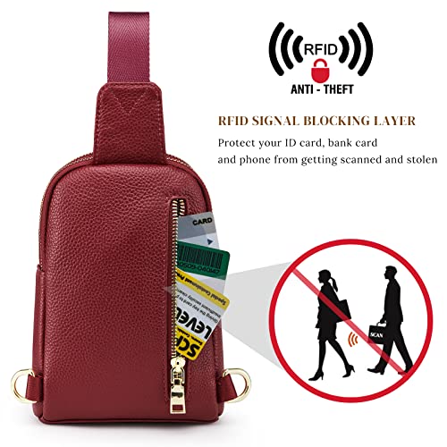 S-ZONE Genuine Leather RFID Blocking Small Sling Bag Women Crossbody Fanny Packs - color: Wine Red, size: Medium