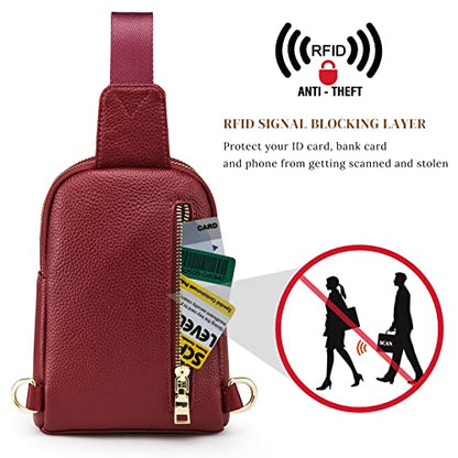 S-ZONE Genuine Leather RFID Blocking Small Sling Bag Women Crossbody Fanny Packs - color: Wine Red, size: Medium