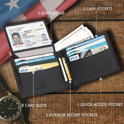 Pefiam Full Grain Leather Wallet for Men, RFID Blocking, Bifold with 2 ID Windows, 13 Card Slots, American Flag Wallet Black - color: Black (Veg-Tanned Leather)