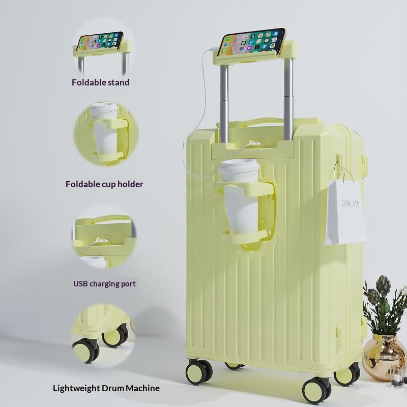 20" Yellow Carry-On Luggage, Cup Holder & USB, Hard Shell - color: Yellow