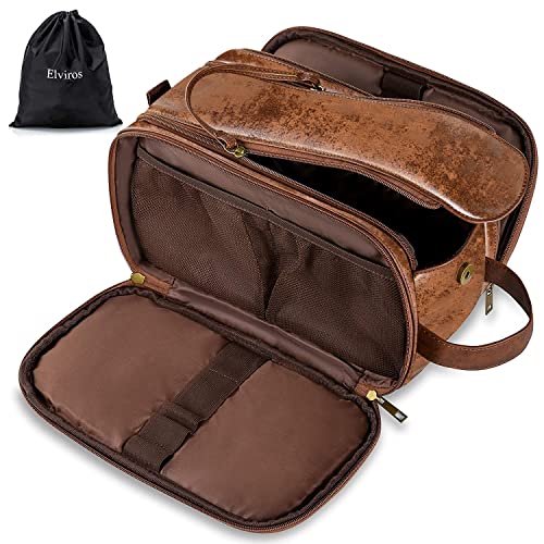 Elviros Travel Toiletry Bag for Men PU Leather Dopp Kit (Small, Dark Brown) - color: Dark Brown, size: Small (Pack of 1)