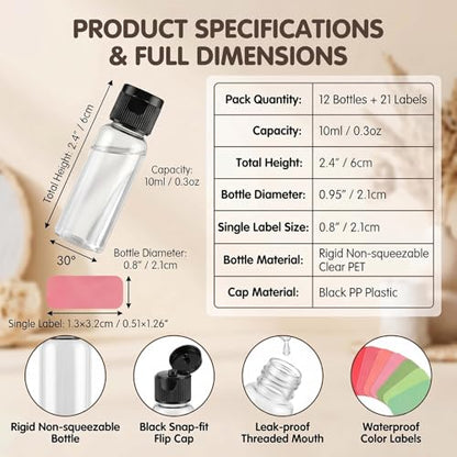 12Pcs 10ml Clear Plastic Flip Cap Toiletry Bottle with Stickers - color: B, size: 10ML/0.34oz