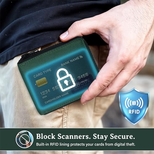 ROGUE WALLET Leather & Nylon Zip Wallet for Men, RFID Blocking, Green - color: Green