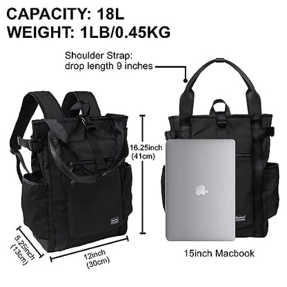 Unisex Laptop Tote Backpack Convertible Lightweight Nylon Water-Resistant Everyday Shoulder Tote bag Backpack with Water Bottle Pocket Work Travel, All Black - color: Black Nylon
