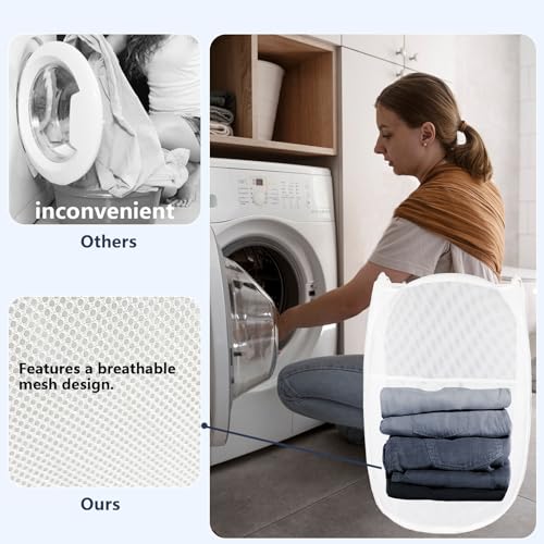 Pop Up Laundry Hamper, Mesh Laundry Basket Collapsible, Foldable Hamper for Travel and Storage (White) - color: White