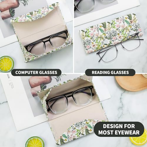 Foldable Glasses Case, Magnetic PU Leahter Sunglasses Case, Cute Hard Shell Folding Eyeglass Cases for Women Kids - color: White Flowering Shrubs
