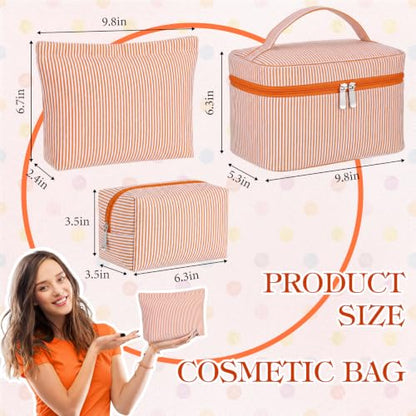 Huhumy 3Pieces Cute Seersucker Makeup Bag Set for Women, Orange, Stripe - color: Orange, style: Stripe