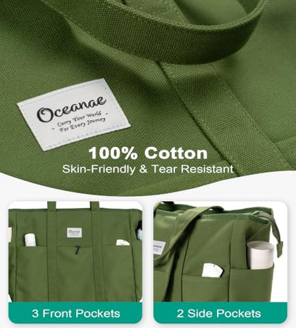 Oceanae Large Canvas Tote with Zipper for Women Men, Beach Travel Totes Work Bag - color: Olive Green