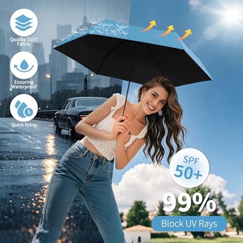 Yoobure Mini Travel Umbrella with Case, Compact Folding Umbrella - color: Sky Blue