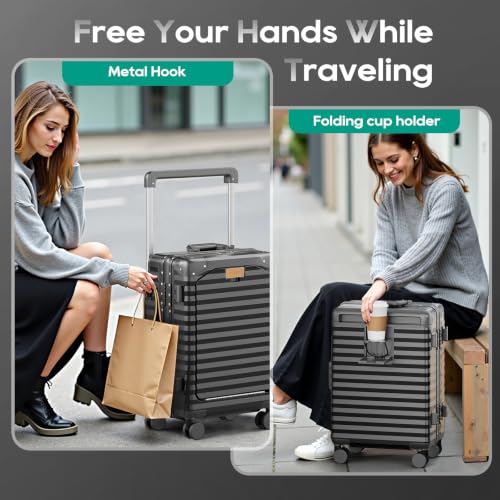 Joyway 20 Inch Carry on Luggage with Aluminium Frame and Front Pocket, PC Hardshell Suitcase with USB Port and Cup Holder, 21.5x14.2x9 Airline Approved, Luggage with Spinner Wheels and TSA Lock (Grey) - color: Grey, size: Zipperless Carry On