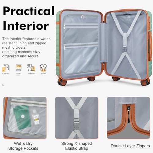20" Carry On Luggage Set 3 Piece With Travel Backpack, YKK Zippers - color: Green, size: 3 Piece Set (20inch)