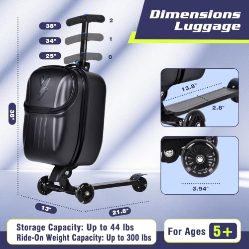 smilesun Foldable Ride On Scooter Suitcase with Front Opening, Lightweight Carry On Scooter Luggage for Adults, Teens & Kids（Black 20-inch） - color: Black