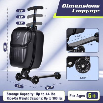 smilesun Foldable Ride On Scooter Suitcase with Front Opening, Lightweight Carry On Scooter Luggage for Adults, Teens & Kids（Black 20-inch） - color: Black