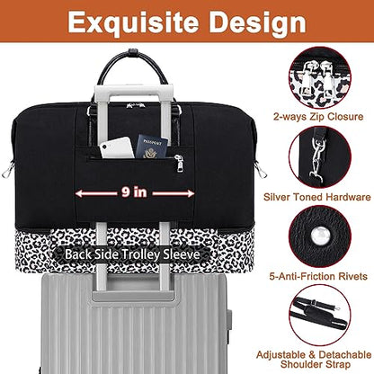 TIBES Travel Weekender Bag for Women, Overnight Bag with Shoe Compartment - color: Q- Black&Leopard