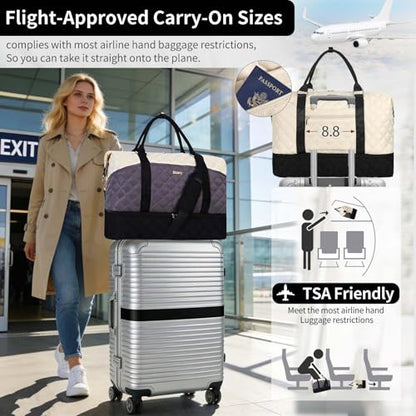 Weekender Bag, Large Travel Duffel Bag for Women, Carry on Overnight Bag with Shoe Compartment and Toiletry Bags - color: E-3PCS Beige Grey Black