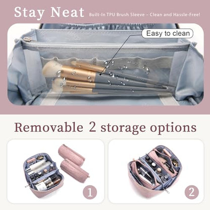 BOYATU Travel Makeup Bag Cosmetic Bags for Women: 3 Pcs Set Large Capacity Make up Bag with Handle - Crocodile Pattern Vegan Leather Toiletry Bags Travel Essentials with Compartments((E-4-Pink) - color: E-4-Pink