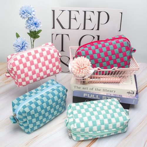Checkered Makeup Bag for Purse, Small Travel Cosmetic Pouch,Magenta Green - color: Magenta Green