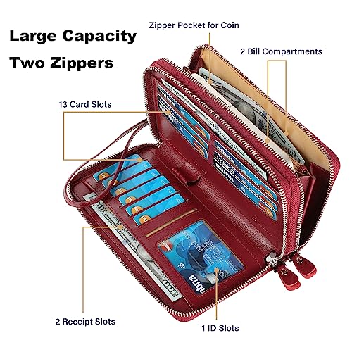 Lavemi Women's 100% Leather Double Zipper Large Capacity RFID Blocking Phone Holder Clutch Travel Purse with Wristlet Strap(Double Zipper Wine Red) - color: 2-waxed Wine Red, size: One Size