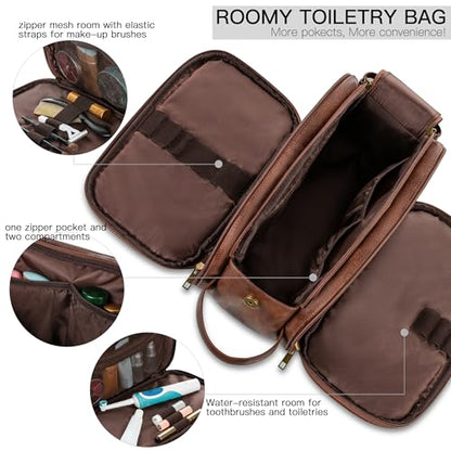 Elviros Toiletry Bag for Men, PU Leather Travel Dopp Kit, 2 Pack Gift Set - color: Dark Brown, size: 2 Piece