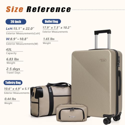 Eeeza Luggage Sets 3 Piece, Carry on Luggage 20in Suitcase Set, Champagne - color: Champagne, size: 3 Piece (20")