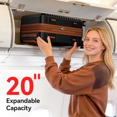 Carry On Luggage, Expandable Suitcase, PC, Black and Brown, 20 in - color: Black+Brown, size: 20in