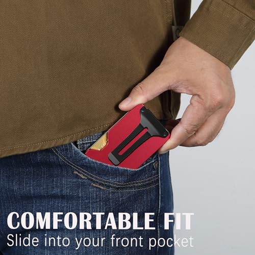 Minimalist Slim Wallet for Men,RFID Blocking Metal Wallet,Aluminum Credit Card Holder & Money Clip 12-15 Cards,Slim Rfid Front Pocket Mens Wallet - color: A1 Matte Red