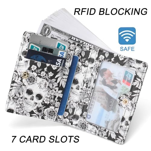 Small Women Wallet RFID Blocking Bifold Pocket Wallet Slim Compact Ladies Purse Mini Wallets For Women (Skull) - color: Skull