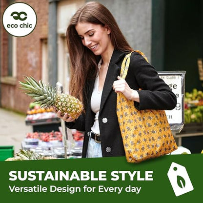 ECO CHIC Foldable Reusable Grocery Bags - Lightweight, Recycled & Reusable Shopping Bag - Waterproof Packable Tote - color: Floral Highland Cow Green