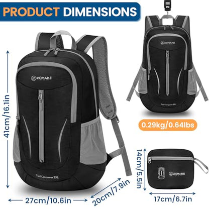ZOMAKE Lightweight Packable Backpack 25L, Foldable Hiking Daypack - color: Black B, size: 25L