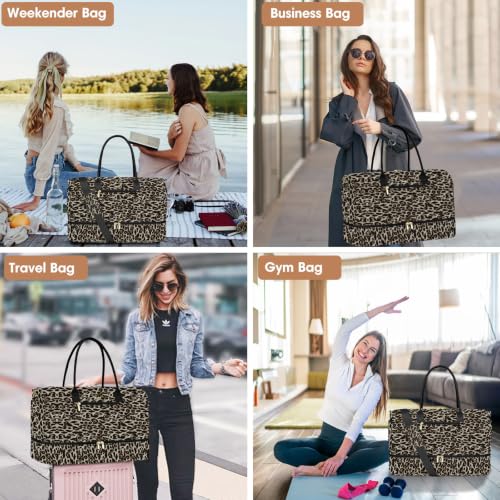 Travel Weekender Bags for Women: Duffel Bag with Shoe Compartment Overnight - color: 32-Brown Leopard Print, size: 40L-Large