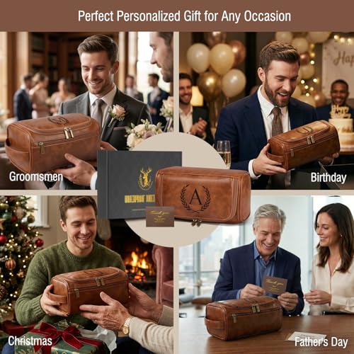 Travel Toiletry Bag Hanging For Mens PU Leather - Yellow Brown (Initial K) - color: Yellow Brown, style: K