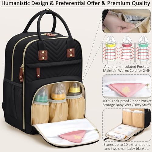 Tenot Diaper Bag Backpack for Women with Changing Pad Black - color: Black, style: With Extra Layer & Changing Pad