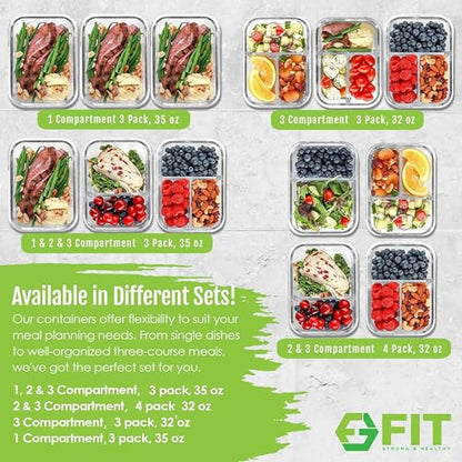Glass Meal Prep Containers 2 and 3 Compartments, Leak-Proof, 32 oz, 4 Pack - color: Black (2,3 compartment - 4 pack, 32oz)